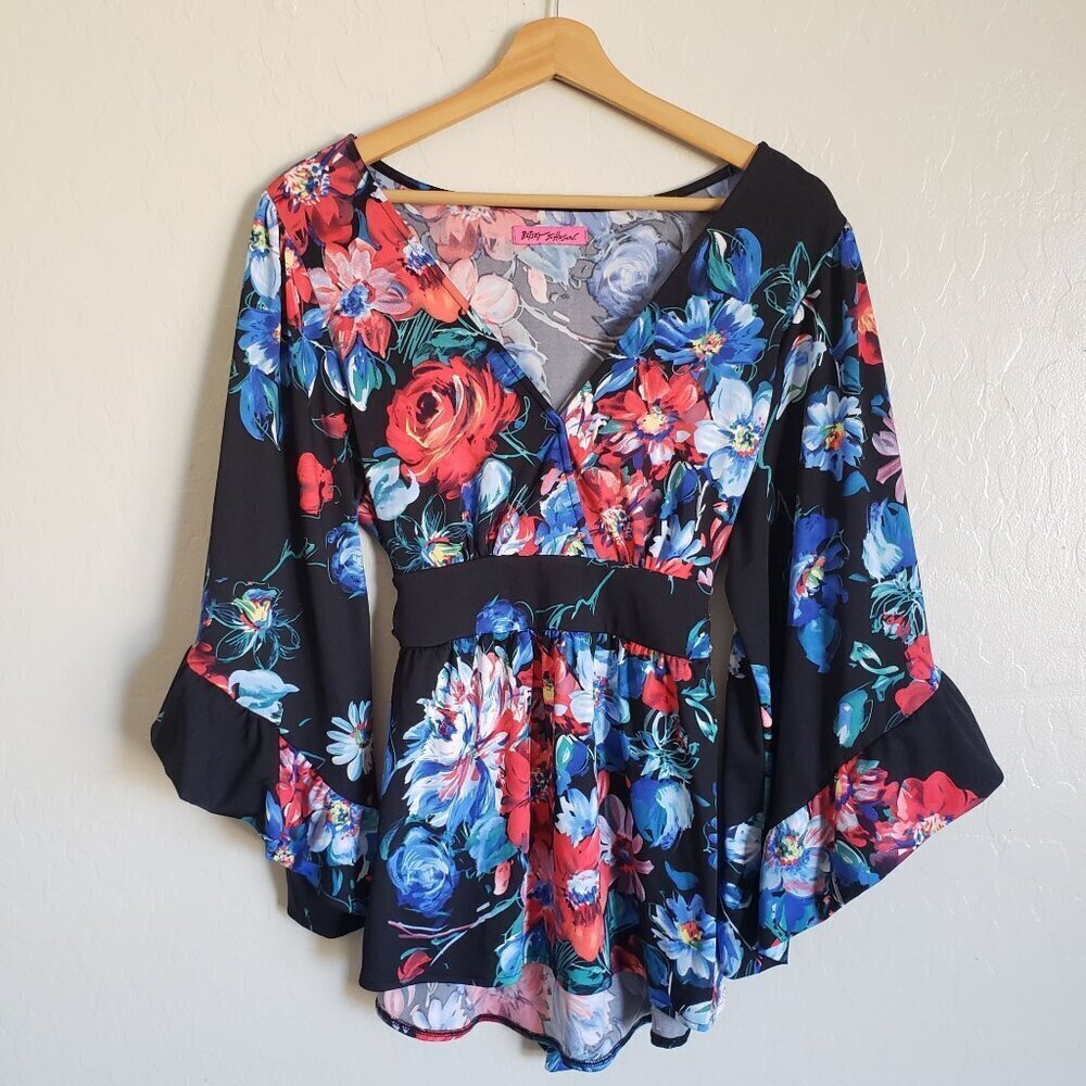 Betsey Johnson Dark Floral Bell Sleeve V-Neck Blouse Black L/XL Tie Waist Kimono